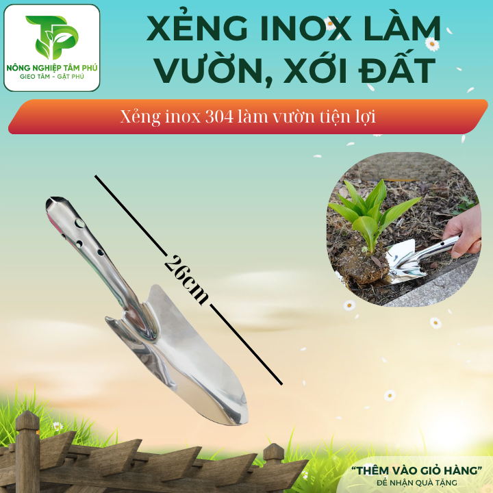 Xẻng làm vườn inox 304, xẻng cuốc đất, xới đất trồng rau, hoa, cây cảnh