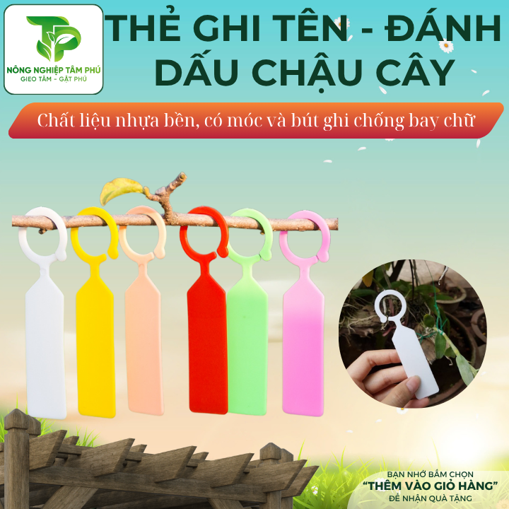 100 thẻ nhựa các màu ghi tên, thẻ đánh dấu chậu cây và các đồ vật có móc treo, bút ghi thẻ tên chống trôi chữ