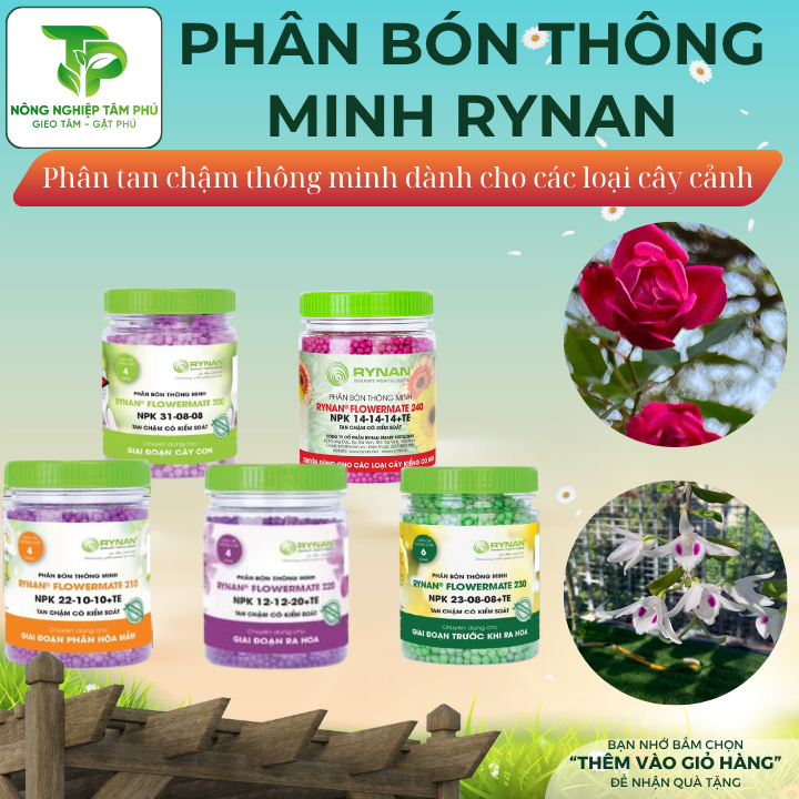 Phân bón thông minh Rynan tan chậm 200,210,220,230,240 cung cấp đủ dinh dưỡng dành cho các loại hoa lan, cây cảnh